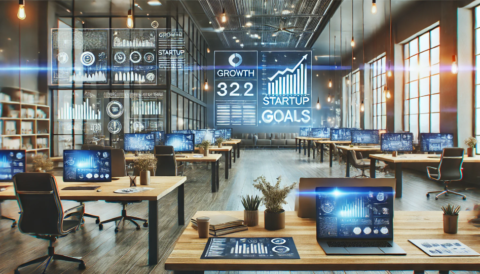 A modern startup office space with laptops, charts, and digital screens displaying growth metrics and startup goals, symbolizing innovation and focus on success.