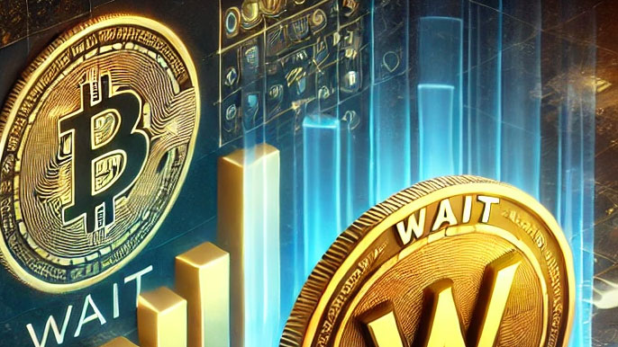 A glowing WAIT token surrounded by rising bar graphs and digital market indicators, symbolizing its price growth potential and adoption in the cryptocurrency ecosystem.