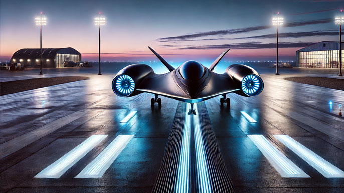 Futuristic SSTO vehicle on a runway at twilight, with aerodynamic design and visible propulsion elements, ready for takeoff.