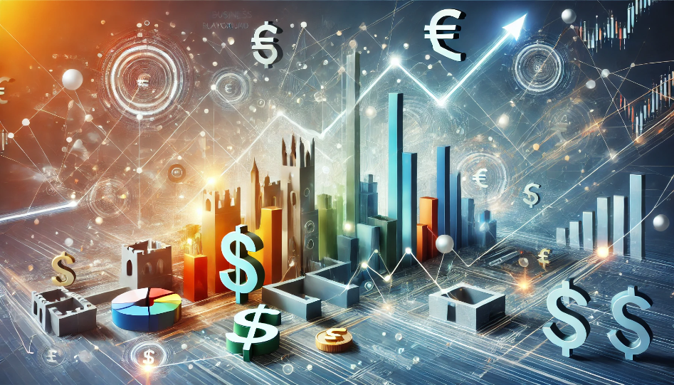 Abstract representation of a business playground with rising financial graphs, currency symbols, and fortress-like structures symbolizing wealth and financial success.