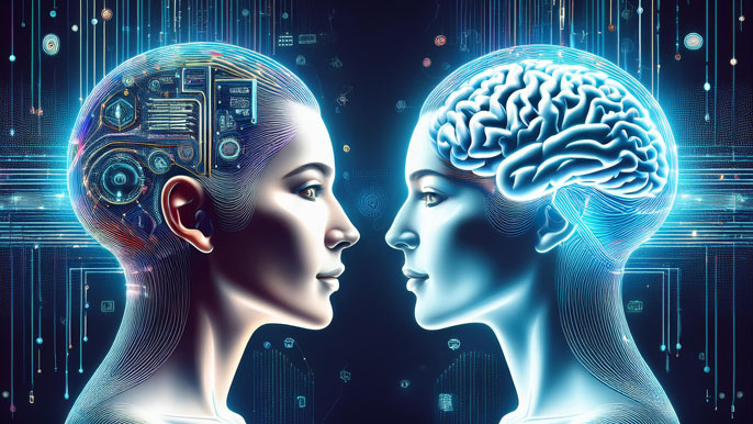 A side-by-side digital illustration of a human brain and a computerized brain, symbolizing the comparison between human intelligence and quantum computing power.