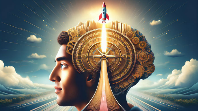 A side profile of a person with gears inside their head, symbolizing innovation and problem-solving. A rocket launches from the top of the head, representing the entrepreneurial mindset of turning ideas into action and achieving success.