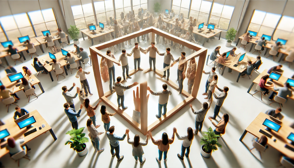 A diverse group of people in a collaborative setting, reaching out from individual frames to stack their hands together, symbolizing teamwork and unity.