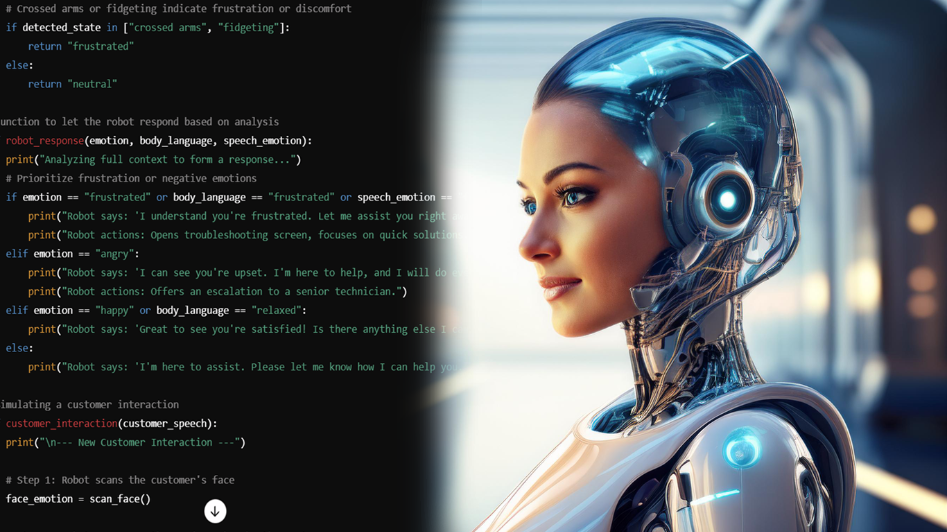 Futuristic female robot analyzing code for customer service interactions, equipped with emotion detection and speech processing.