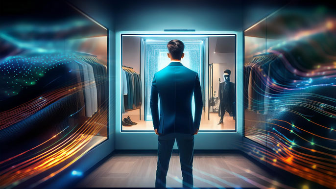 A person standing in front of a digital mirror in a futuristic fitting room, using augmented reality to virtually try on clothes. Surrounding the room are glowing data streams, symbolizing the integration of smart textiles and AR technology in fashion.