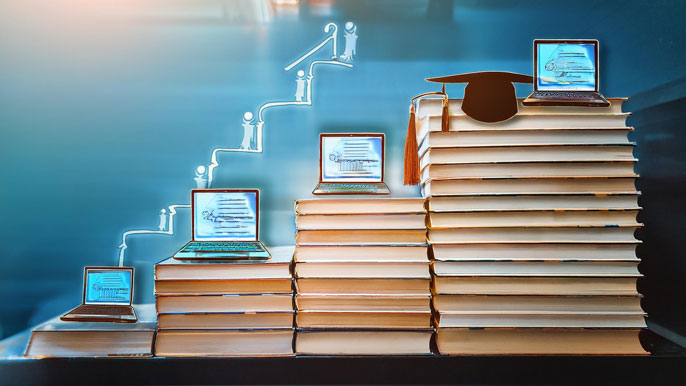 An abstract image of stacked books and laptops, representing continuous learning and career development. The steps formed by the books symbolize growth and advancement in professional skills.