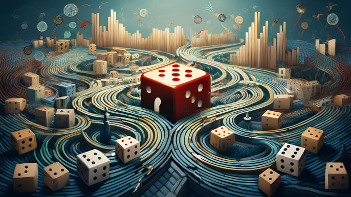 A symbolic image of decision-making under uncertainty, featuring winding paths, large dice, and abstract city structures, representing the complex and unpredictable outcomes of decisions involving risk and uncertainty.