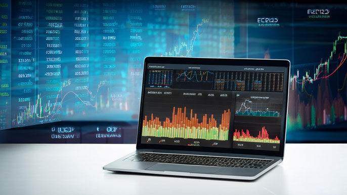 A laptop displaying an investment platform with ETF charts and performance data. The background features stock market graphs and financial data, highlighting the analysis of ETF options across different asset classes.