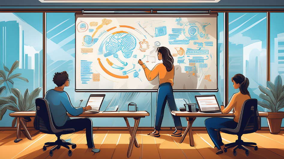 Two startup team members working on laptops while another presents a prototype design on a whiteboard, symbolizing the process of moving a startup from idea to prototype.