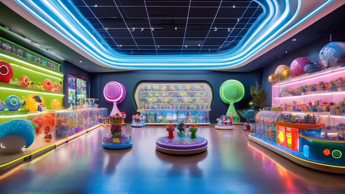 A futuristic toy store showcasing innovative, interactive displays and vibrant, tech-driven toys for 2025.