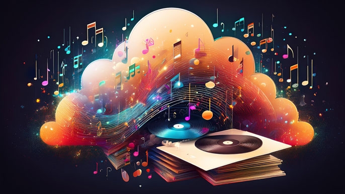 A vibrant scene with vinyl records dissolving into colorful music notes that flow into a glowing cloud, symbolizing the transition from physical music formats to digital streaming services.