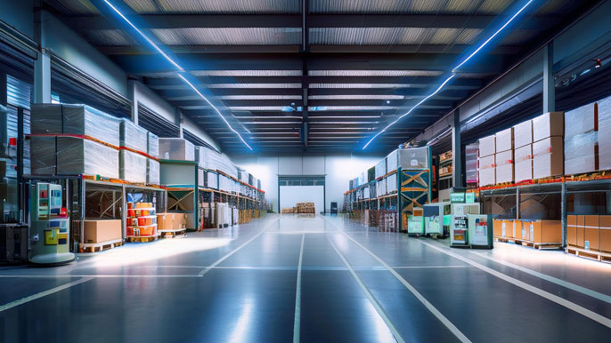 A secure warehouse with scanning equipment inspecting goods labeled as "Restricted Goods" and "Prohibited Items," emphasizing the importance of compliance with regulations in international trade.