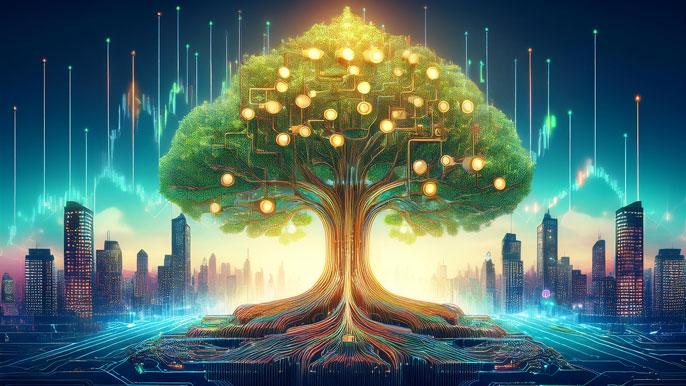 A glowing "stock tree" with branches made of charts and leaves shaped like metals, rooted in oil pipelines, set against a futuristic city skyline.