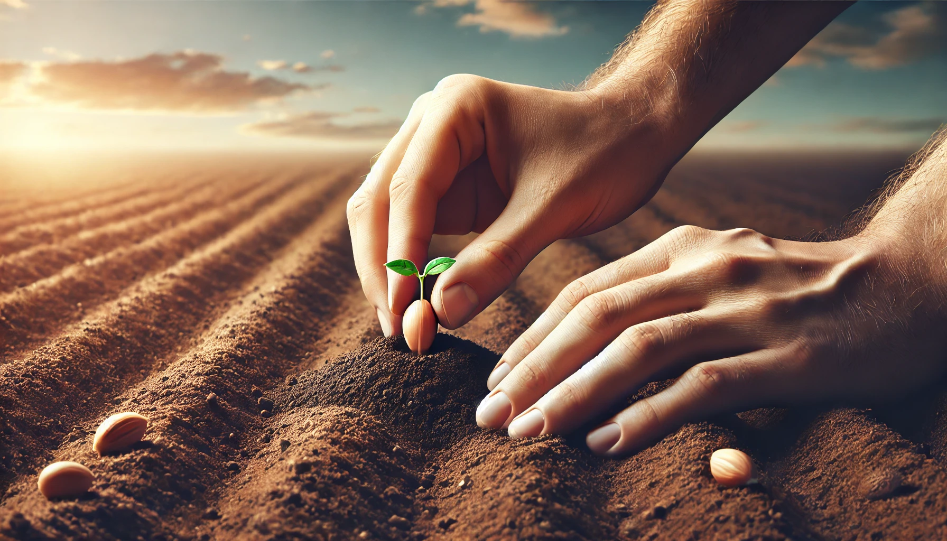 A realistic wide image showing hands planting a seed into rich, tilled soil, symbolizing the launch of a business. The background features a clear morning sky with sunlight just beginning to rise, representing the early stages of business development.