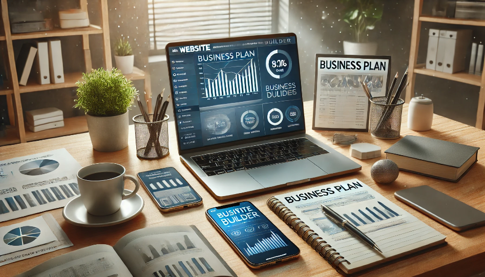 Modern workspace with a laptop, business plan document, notepad, and smartphone on a minimalist desk, representing the start of an online business.