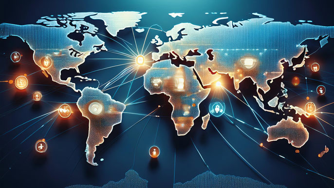 World map with glowing icons representing global business expansion strategies, such as exporting, franchising, and joint ventures, symbolizing market entry across borders.