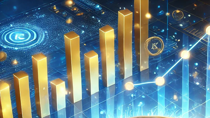 A futuristic graph showcasing rising bars and digital lines with KCS tokens integrated, symbolizing the passive income potential and rewards within the KuCoin ecosystem.