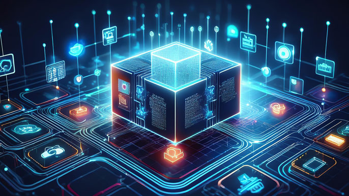 A digital representation of a glowing smart contract block on a blockchain network, connected to icons representing various industries like finance, healthcare, and supply chain.