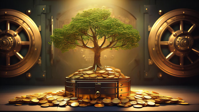 A golden tree growing from a treasure chest surrounded by coins, symbolizing wealth preservation and financial security.