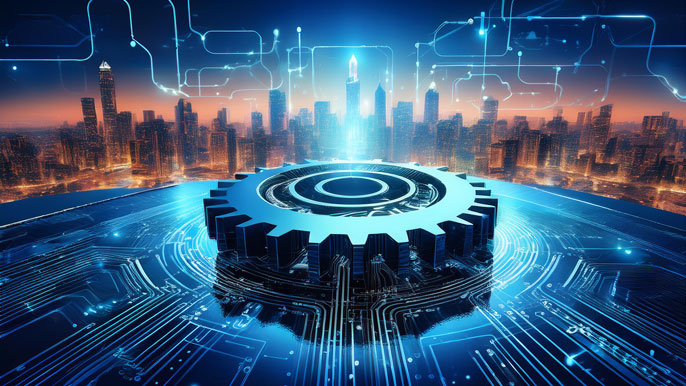 A large gear mechanism with digital circuits extending outward, connecting to a futuristic city skyline, symbolizing the integration of automation and robotics powering modern industries.