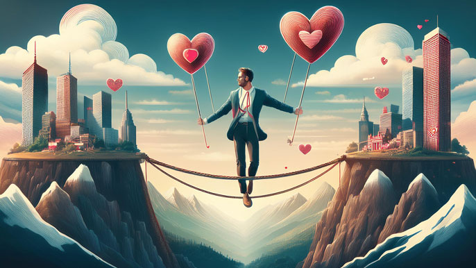 A businessman balancing on a tightrope between skyscrapers while holding heart-shaped balloons, symbolizing the balance between love and entrepreneurship.