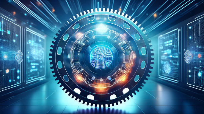 A large gear with integrated machine learning icons, spinning in a high-tech business environment, symbolizing how machine learning drives business automation and efficiency.