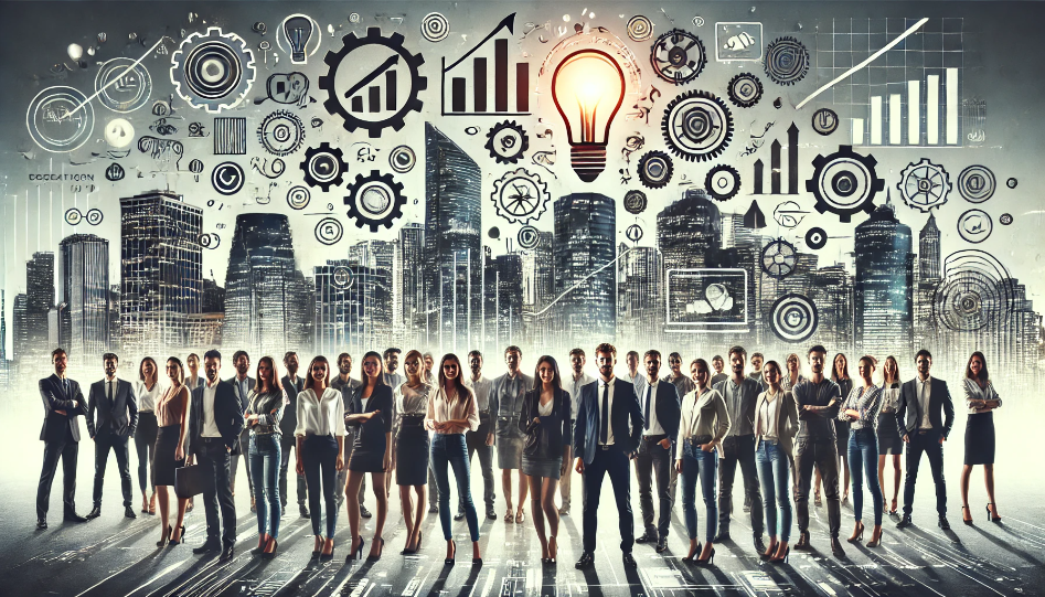 A diverse group of successful entrepreneurs standing in front of modern businesses and industries, symbolizing innovation and growth, with subtle icons representing success and creativity.