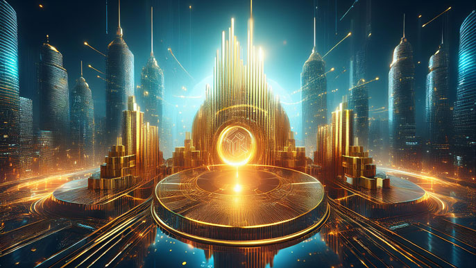 A futuristic cityscape with golden skyscrapers made of financial graphs and a glowing vault symbolizing wealth and global investment power.