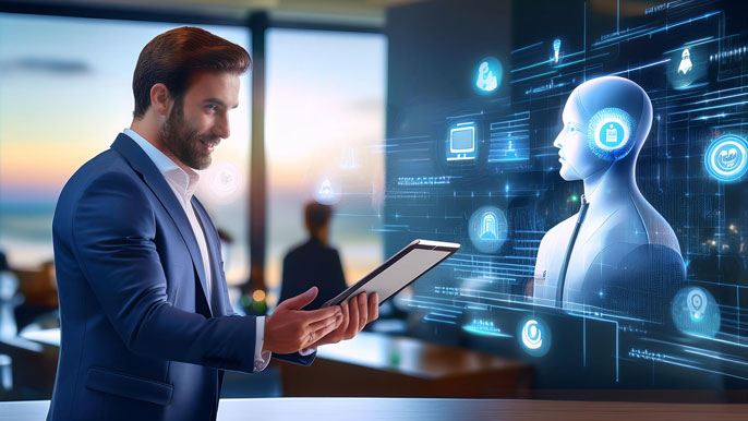 Businessman interacts with a virtual assistant on a tablet, with holographic data icons representing customer insights, AI, technology in the background. Role of digital tools in enhancing guest experiences in the tourism industry.