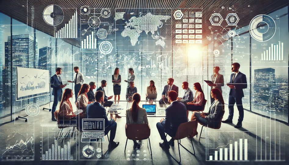 A wide image of entrepreneurs discussing business strategy in a modern office with financial graphs, laptops, and whiteboards, symbolizing collaboration, growth, and success.