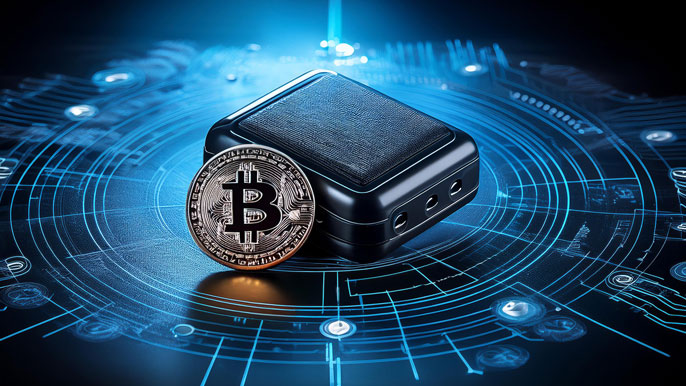 A sleek hardware wallet with a Bitcoin coin placed beside it, set against a glowing digital background of blockchain nodes and security icons, symbolizing secure cryptocurrency storage.