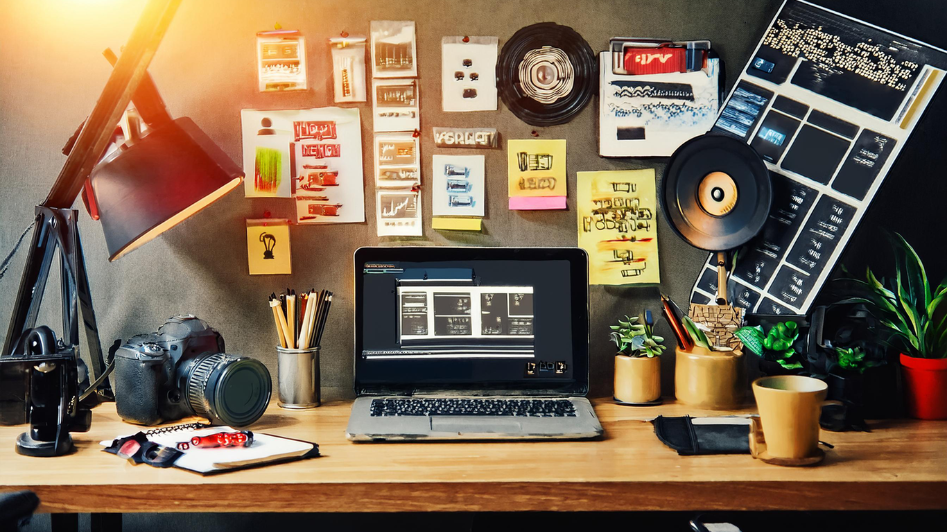 A creative workspace featuring a laptop with video editing software, a camera, notes, and startup ideas on the wall, representing a content creator producing YouTube videos focused on entrepreneurship and business growth.