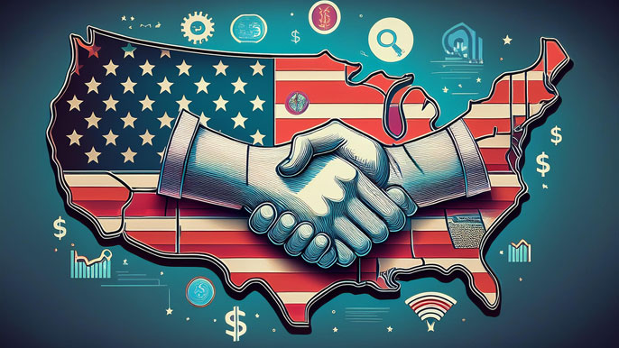 An illustration of a handshake overlaid on a map of the United States, decorated with symbols of business growth like dollar signs, charts, and gears, representing partnership, market entry, and investment opportunities in the US.