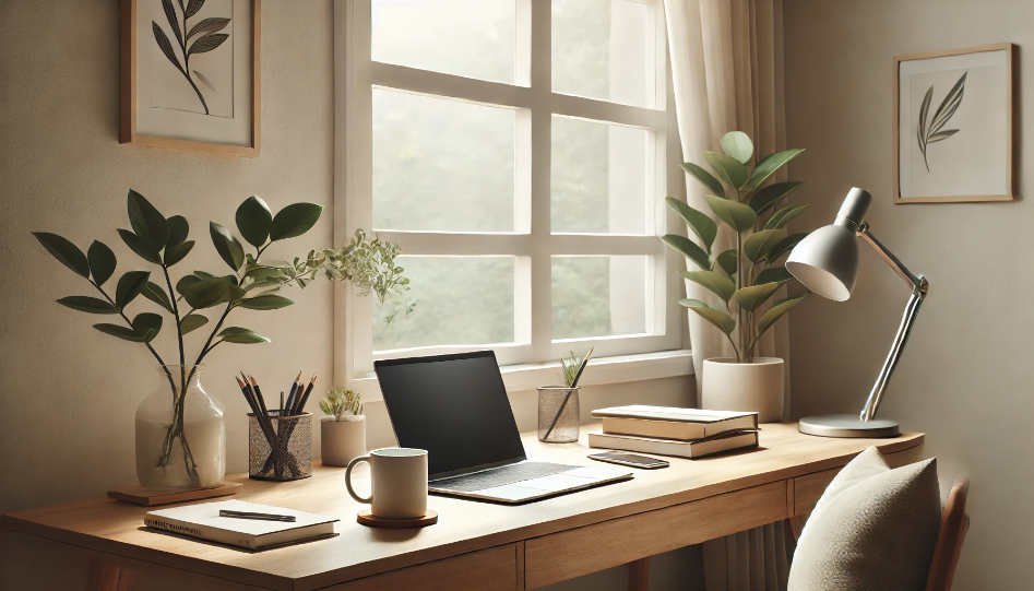 Minimalist home office with a laptop, coffee mug, and plant by a window in a calm, serene setting.