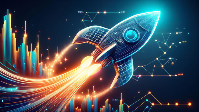 A futuristic rocket made of tech elements launching from a stock market chart, symbolizing innovation and the rise of tech stocks in 2025.