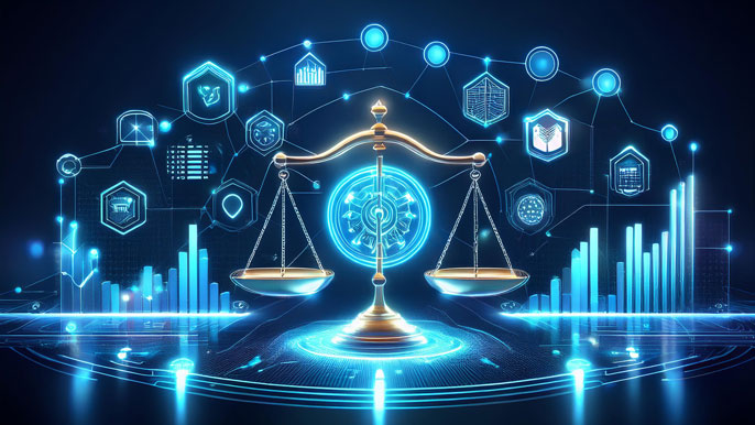 A glowing network of compliance icons surrounding a balanced scale, representing the automation of regulatory processes in the financial sector through RegTech.