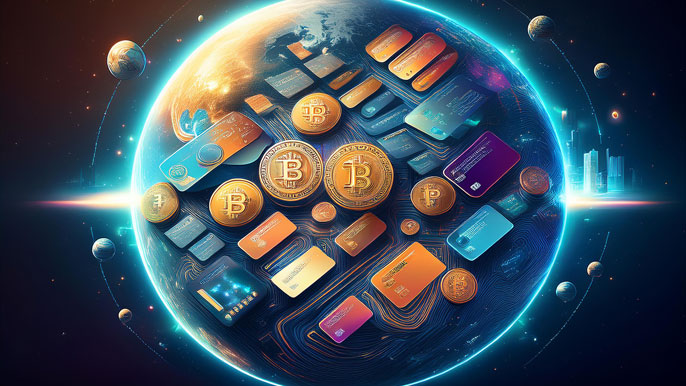 A glowing planet split into crypto coins and credit cards orbiting in space, symbolizing the fusion of traditional finance and digital currencies.