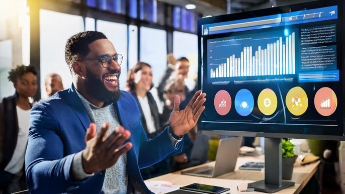 An excited entrepreneur presenting a startup idea on a crowdfunding platform, with a screen displaying a funding progress bar, investor contributions, and rewards tiers, as supporters look on in the background.