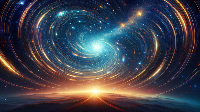 A mesmerizing view of a swirling galaxy in the night sky above a horizon, symbolizing the interconnected energy and flow within the universe.