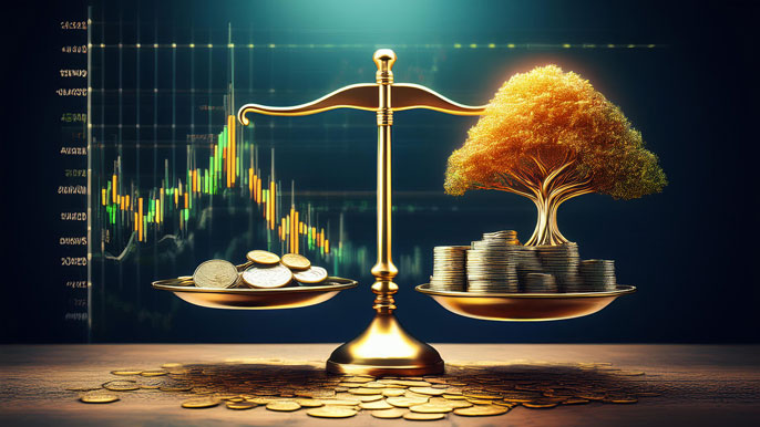 A golden scale balancing coins and a tree made of money, set against a backdrop of stock market charts, symbolizing the choice between day trading and long-term investing.