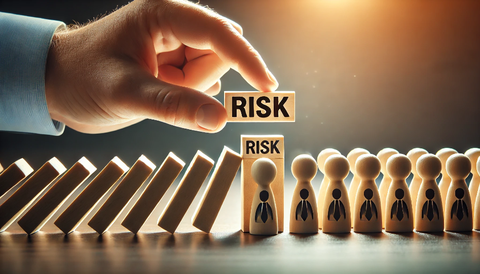 A hand placing blocks labeled "RISK" to prevent falling dominoes from toppling onto figurines, symbolizing risk management and protection.