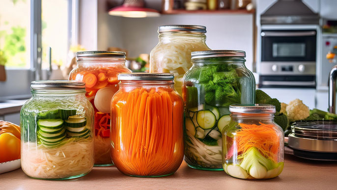 A variety of colorful glass jars filled with fermenting vegetables like cucumbers, carrots, and cabbage, bubbling with air pockets on a kitchen counter, symbolizing the active fermentation process in a home or small-scale fermented foods business.