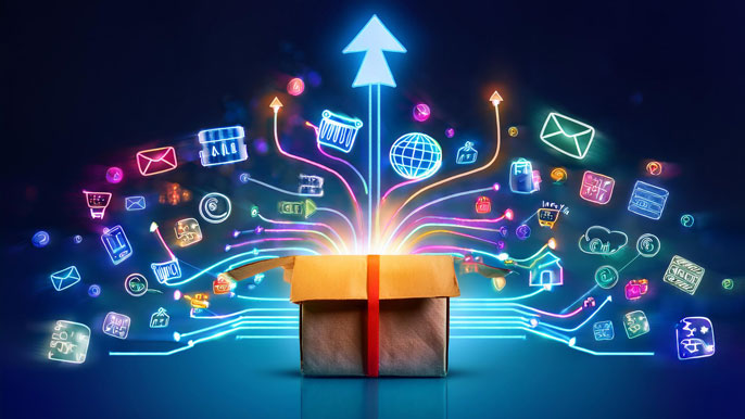 A glowing gift box with digital icons representing email, social media, and shopping rising upward, symbolizing the power of giveaways to boost business growth.