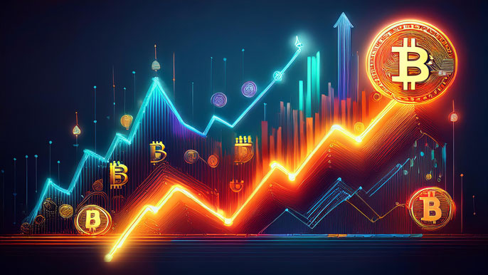 A graph showcasing sharp rises and falls in cryptocurrency prices, with glowing Bitcoin and Ethereum icons, symbolizing market volatility and bubbles.