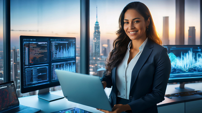 A tech entrepreneur holding a laptop in a modern office with data-filled screens, representing the journey from R&D to market success.