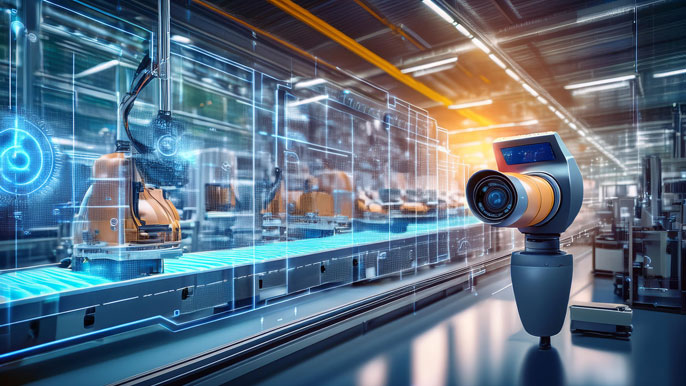 AI-powered camera scanning a manufacturing line for quality control in an industrial setting.