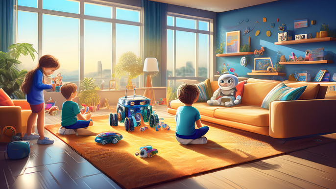 Children in a cozy living room engaging with robot toys and interactive technology, enjoying a personalized in-home entertainment session.