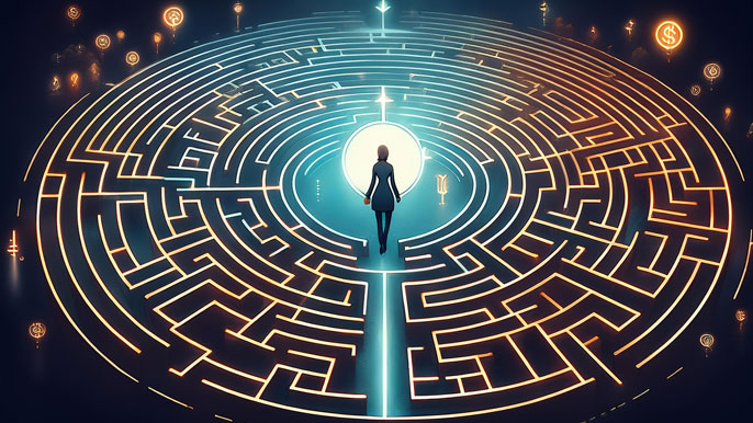 A person stands at the entrance of a glowing maze with different symbols representing decisions such as dollar signs and arrows, symbolizing the complexity of multiple criteria decision-making in business.