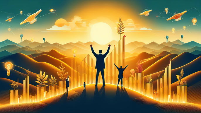 Entrepreneurs celebrating new opportunities and growth in 2025, standing atop golden hills with glowing charts and light bulbs symbolizing innovation and success.