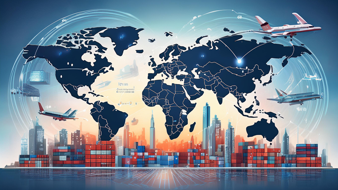 Global trade and business collaboration represented by a world map, cargo containers, airplanes, and digital connections, illustrating international organizations' role in facilitating worldwide commerce